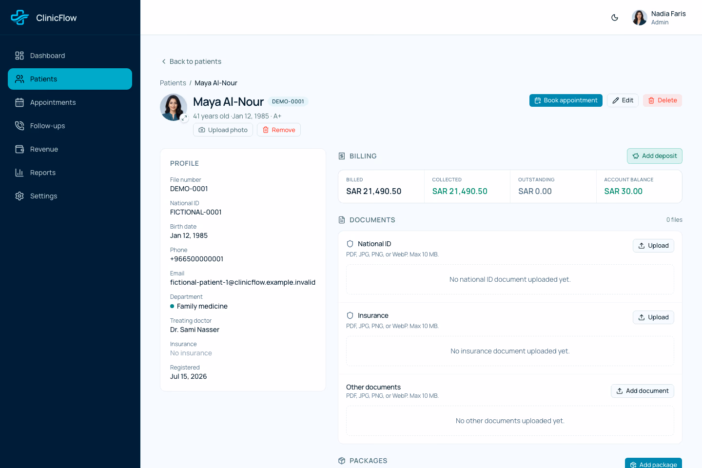 ملف تعريف المريض الخيالي لـ ClinicFlow مع ملخص الفواتير ومعلومات الحزمة والمواعيد والمتابعات والملاحظات الطبية.